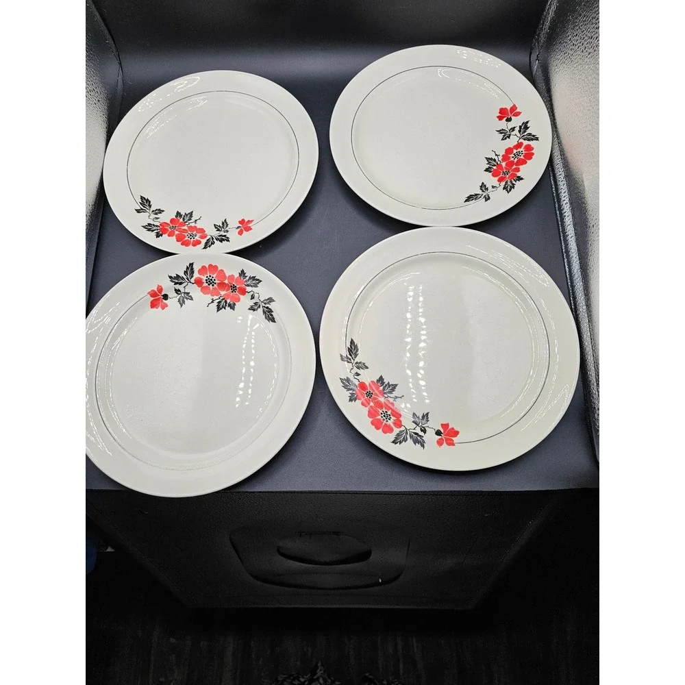 Vintage Superior Hall Quality Dinnerware Red Floral Dinner Plates Set of 4